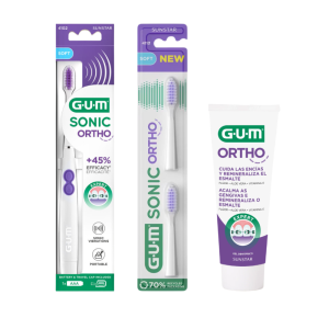 Pack Ortodoncia: Gum Sonic Ortho Cepillo a Pilas + Recambios Cepillo Gum Sonic Ortho, 2 un. + Gum Ortho Dentifrico, 75 ml. - Sunstar 