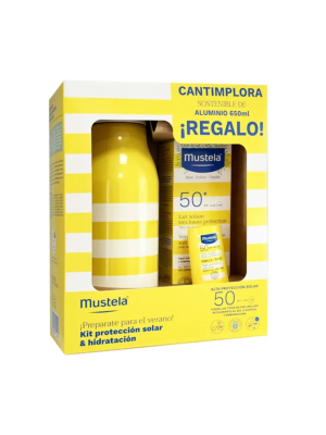 Pack Leche Solar muy alta Protección SPF50+, 100 ml. + Stick Solar alta Protección SPF50, 9 ml. + Cantimplora Sostenible de Aluminio de Regalo - Mustela