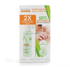 Pack 2 x 1 Exomega Gel Limpiador 2 en 1 Cabello y Cuerpo , 500 ml + 500 ml. - A-Derma