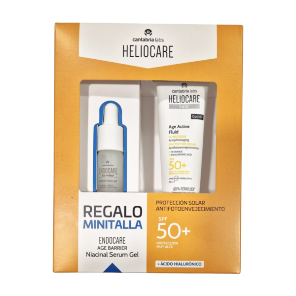 Pack Proteccion Solar Antifotoenvejecimiento: Heliocare 360° Age Active Fluid SPF 50+, 50 ml. + Endocare Age Barrier Niacinal Serum Gel, 10 ml. - Cantabria Labs