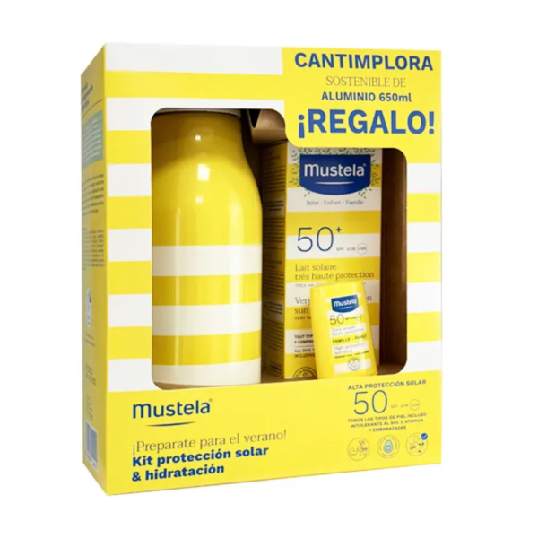 Pack Leche Solar muy alta Protección SPF50+, 100 ml. + Stick Solar alta Protección SPF50, 9 ml. + Cantimplora Sostenible de Aluminio de Regalo - Mustela