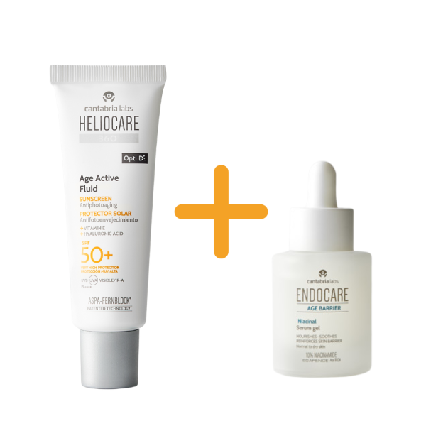 Pack Proteccion Solar Antifotoenvejecimiento: Heliocare 360° Age Active Fluid SPF 50+, 50 ml. + Endocare Age Barrier Niacinal Serum Gel, 10 ml. - Cantabria Labs