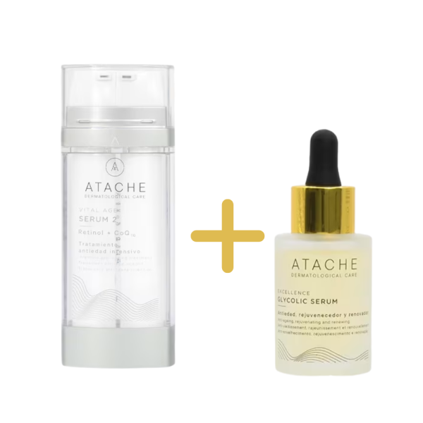 Tratamiento Combinado Rjuvenecedor: Vital Age Sérum 2 Retinol + CoQ10 Antiedad Intensivo, 30 ml .+ Excellence Glycolic Sérum, 30 ml. - Atache 
