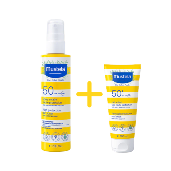 Pack Spray Solar alta Protección SPF50, 200 ml.  + Leche Solar Facial muy alta Protección SPF50+, 40 ml. - Mustela 