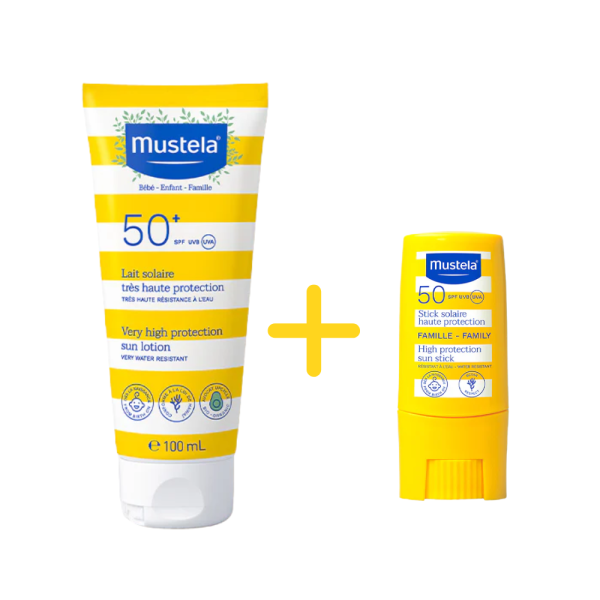 Pack Leche Solar muy alta Protección SPF50+, 100 ml. + Stick Solar alta Protección SPF50, 9 ml. + Cantimplora Sostenible de Aluminio de Regalo - Mustela