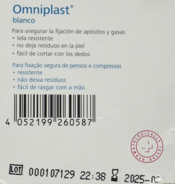 Esparadrapo Hipoalergico - Omniplast Tejido Resistente (1 Unidad 5 M X 1,25 Cm Color Blanco)