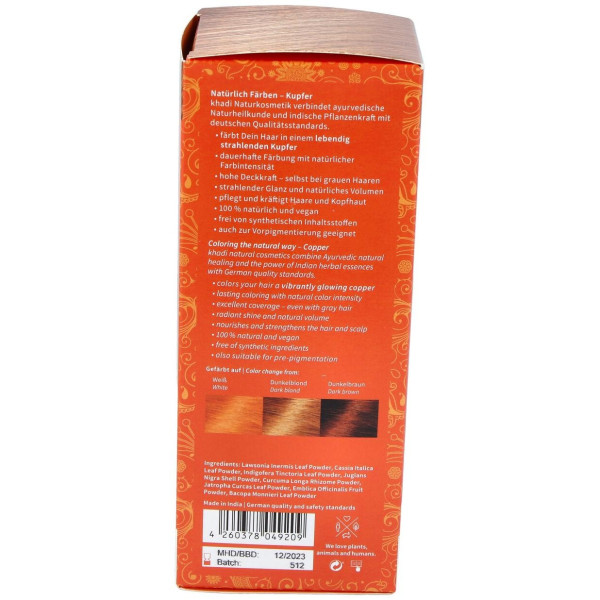 Khadi Herbal Color Cobre Brillante Rubio Y Rojizo 100G