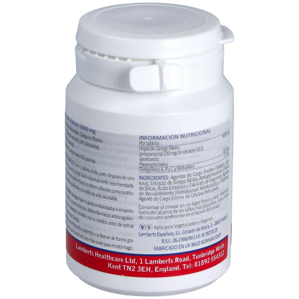 Ginkgo Biloba 6000 Alta Potencia 120Mg. 60Comp.