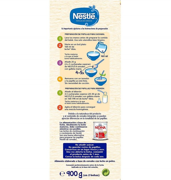 Nestle Papilla 8 Cereales Galleta Maria (2 Envases 900 G)