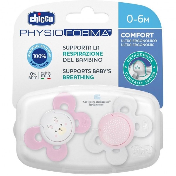 Chicco Physio Comfort Chupete De Silicona De 0-6 Meses Tonos Rosas, 2 Unidades