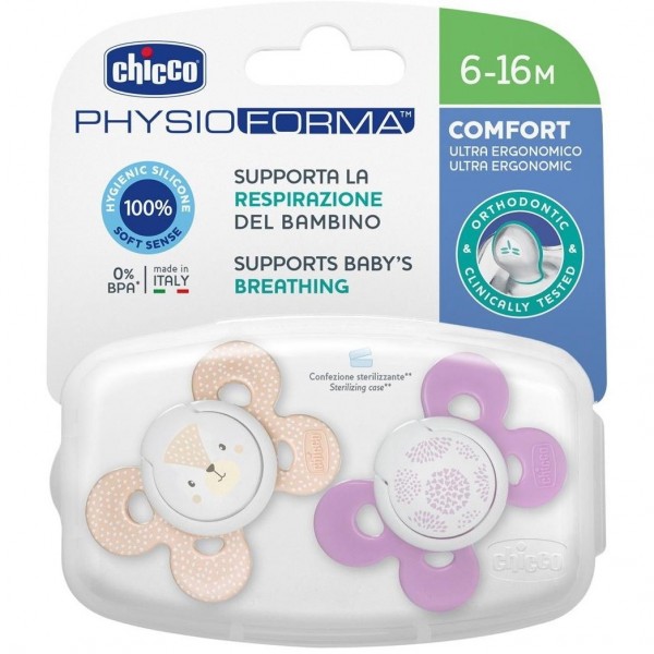 Chicco Physio Comfort Chupete De Silicona De 6-16 Meses Tonos Rosas, 2 Unidades