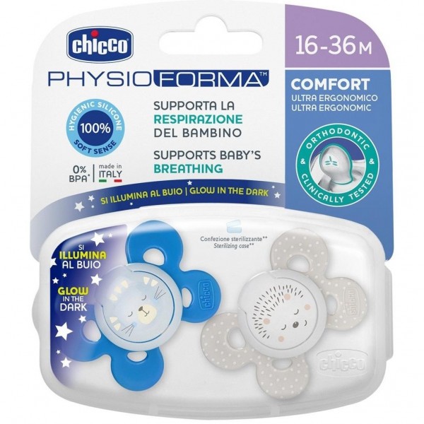 Chicco Physio Comfort Chupete De Silicona De 16-36 Meses Tonos Azules, 2 Unidades