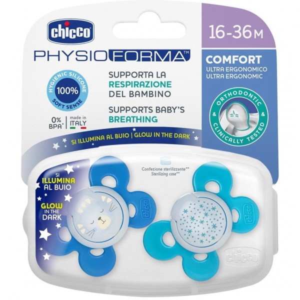 Chicco Physio Comfort Chupete De Silicona De 16-36 Meses Tonos Azules, 2 Unidades