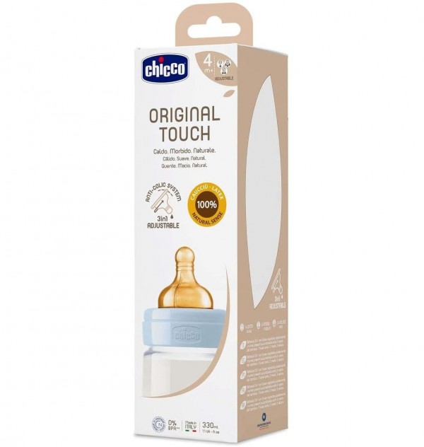 Biberon Plastico T Caucho - Chicco Original Touch (Azul 6M+ Flujo Rapido 330 Ml)