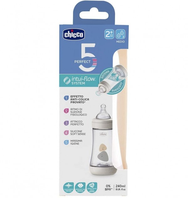 Biberón Plástico T Silicona Chicco Perfect5, Neutro 2M+ Flujo Medio, 240 Ml. -Artsana Spain