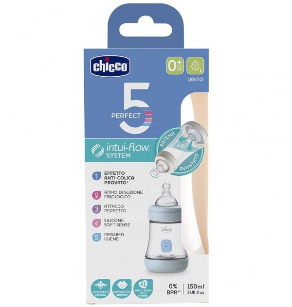 Biberón Plástico T Silicona, Chicco Perfect 5 Azul, 4M+ Flujo Rapido, 300 Ml. - Artsana Spain