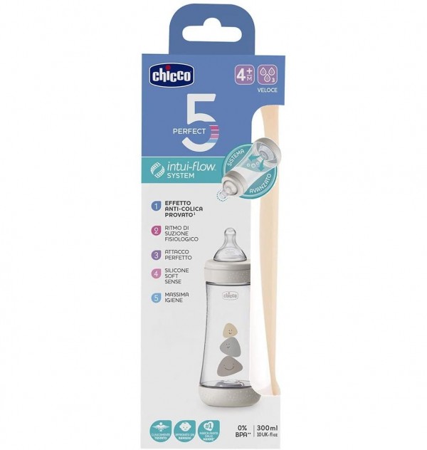 Biberón Plástico T Silicona, Chicco Perfect 5 Neutro, 4M+ Flujo Rapido, 300 Ml. - Artsana Spain