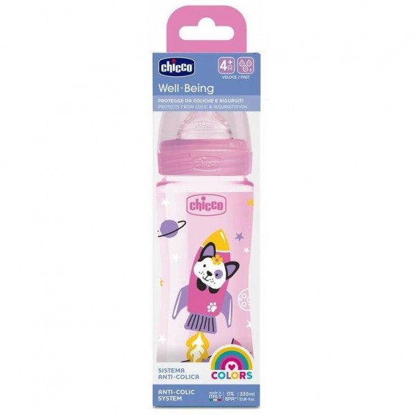 Chicco Biberón Well-Being Silicona 4M+ 330 Ml Rosa, 1 Ud