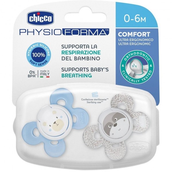 Chicco Physio Comfort Chupete De Silicona De 0-6 Meses Tonos Azules, 2 Unidades