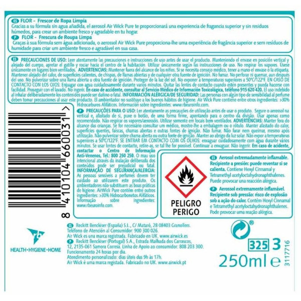 Air-Wick Pure Ambientador Vaporizador Frescor Ropa Limpia 250 Ml
