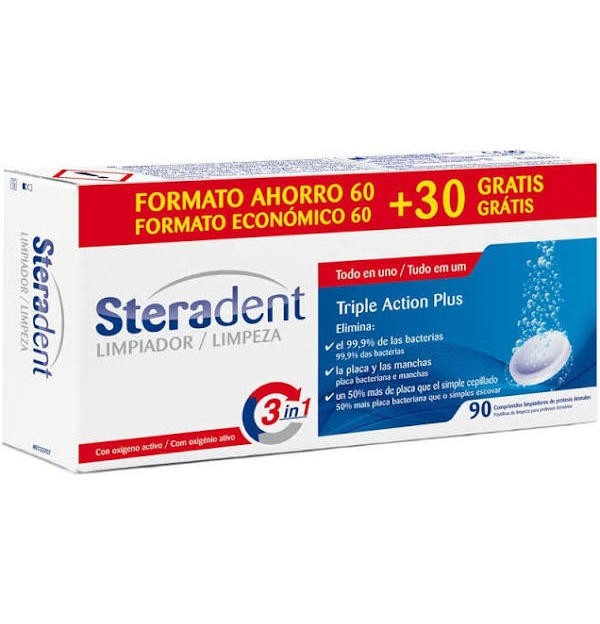 Steradent Triple Accion Plus - Limpieza Protesis Dental (90 Comprimidos)