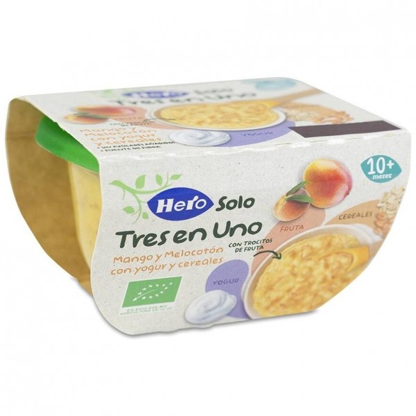 Hero Baby Tarrina Solo 3 En 1, Mango, Melocotón Con Yogur Y Cereales Con Trocitos 120 Gr