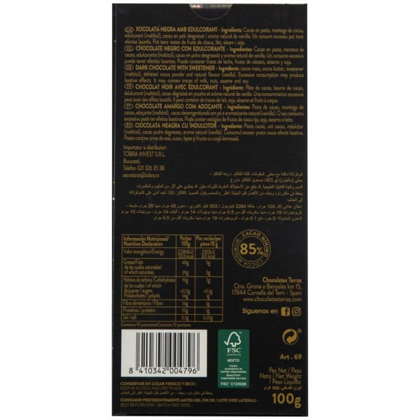 Torras Chocolate Negro 85% Zero 100G