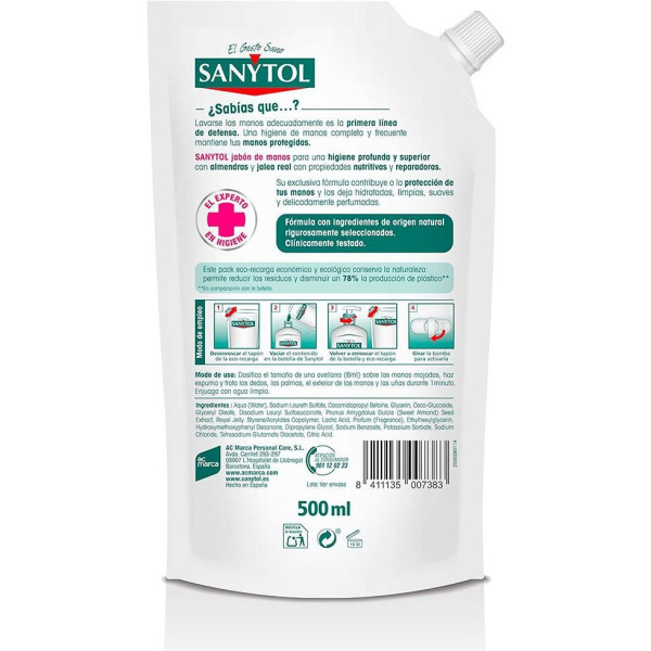 Sanytol Recambio Jabón Antibacteriano Nutritivo Eco 500 Ml