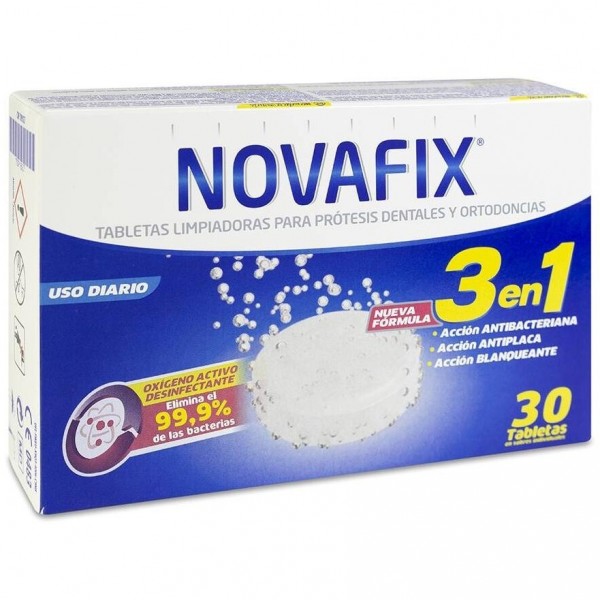 Novafix Tabletas Limpiadoras Prótesis Dental Antibacterianas 3 En 1, 30 Unidades
