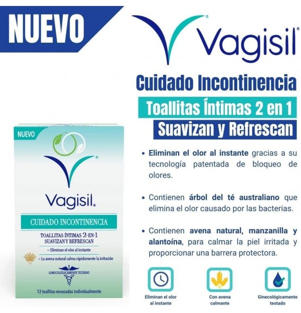 Vagisil Cuidado Incontinencia Toallitas Intimas 2 En 1 (12 Unidades)