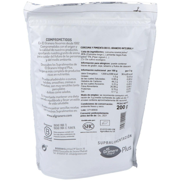 Curcuma Y Pimienta Superalimento Bio 200Gr.