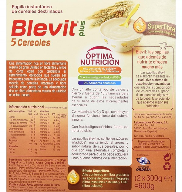 Blevit Plus Superfibra Papilla 5 Cereales (1 Envase 600 G)