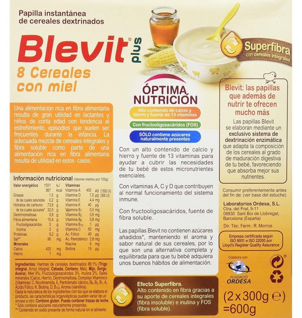 Blevit Plus Superfibra 8 Cereales Y Miel (1 Envase 600 G)