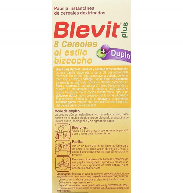 Blevit Plus Duplo 8 Cereales Bizcocho Y Naranja (1 Envase 600 G)
