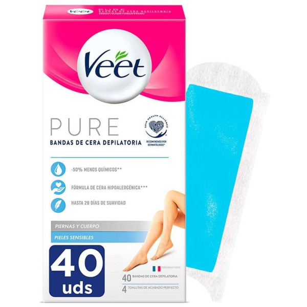Veet Pure Bandas De Cera Depilatoria Piernas Y Cuerpo Piel Sensible 40Uds