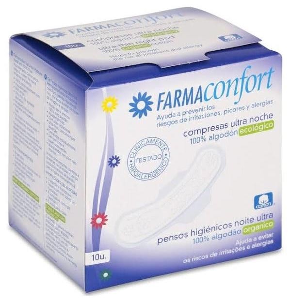 Compresas Ultrafinas 100% Algodon - Farmaconfort (Noche Alas 10 U)