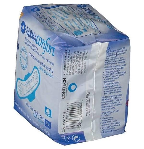 Compresas Ultrafinas 100% Algodon - Farmaconfort (Noche Alas 10 U)