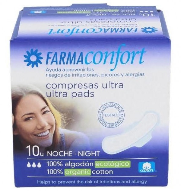 Compresas Ultrafinas 100% Algodon - Farmaconfort (Noche Alas 10 U)