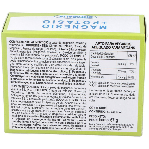 Integralia Suplemento De Magnesio, Potasio Y Vitamina B6 60 Cápsulas