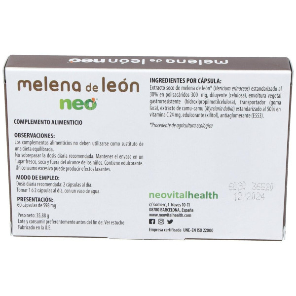 Neovital Health Neo Melena De León Suplemento Para Beneficiar Al Sistema Digestivo Y Nervios 60 Cápsulas