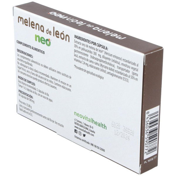 Neovital Health Neo Melena De León Suplemento Para Beneficiar Al Sistema Digestivo Y Nervios 60 Cápsulas