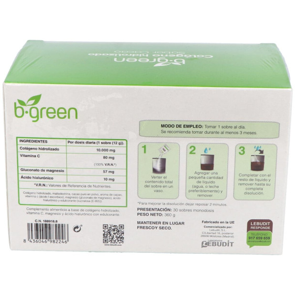 B Green Colágeno Hidrolizado Cacao 30 Sobres