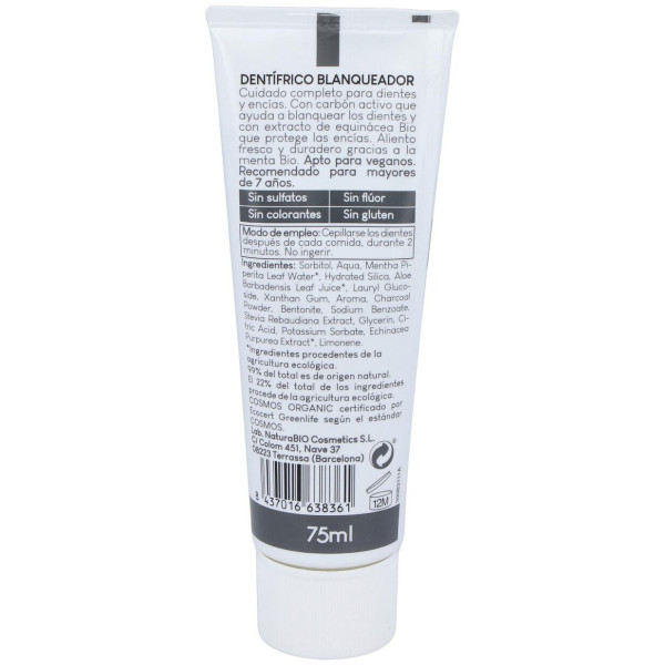 Naturabio Cosmetics Dentifrico Blanqueador Menta Bio Y Carbon Activo 75Ml