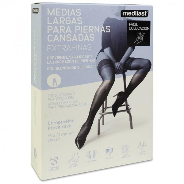 Medilast Medias De Compresión Preventiva Largas Con Blonda Para Piernas Cansadas De Fácil Colocación 421 Negro Talla M, 1 Par