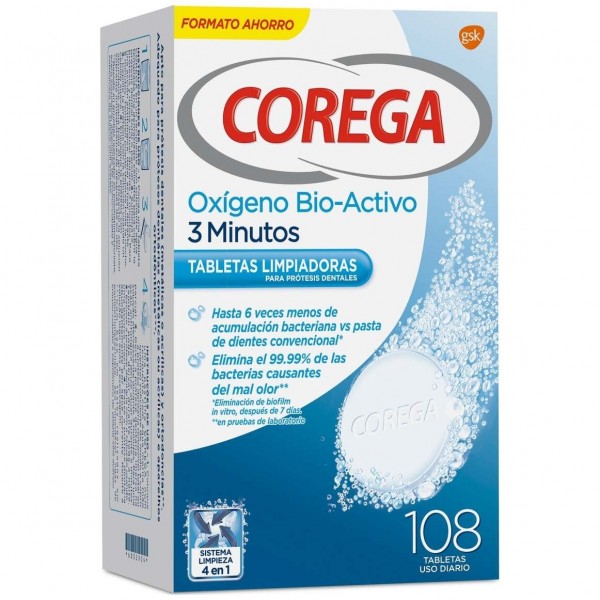 Corega Oxígeno Bio-Activo Limpieza Prótesis Dental 108 Tabletas