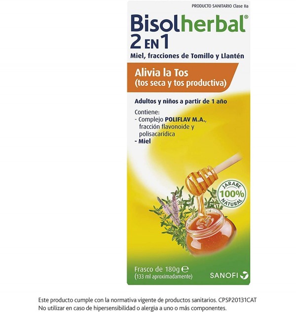 Bisolherbal 2 En 1 Miel, Fracciones De Tomillo Y Llanten (Jarabe 1 Envase 180 G)