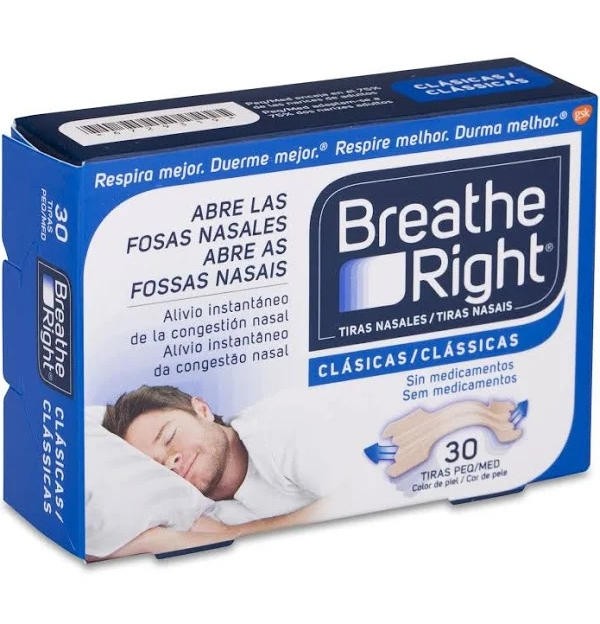 Breathe Right Clasicas - Tira Adh Nasal (30 Unidades Talla Pequeña-Mediana)