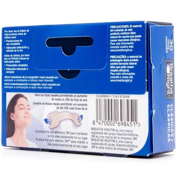 Breathe Right Clasicas - Tira Adh Nasal (30 Unidades Talla Pequeña-Mediana)