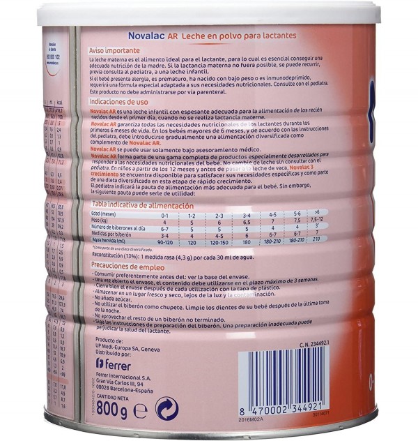 Novalac Ar Leche Para Lactantes (1 Envase 800 G)