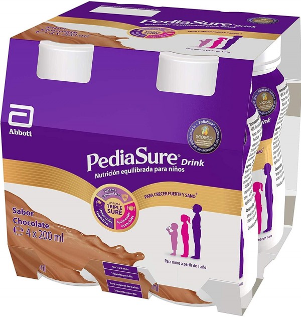 Pediasure Drink, 4 Botellas 200 ml, Sabor Chocolate. - Abbott